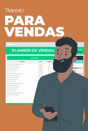 Card planner para vendas com um homem negro de barba segurando um celular e sorrindo a frente